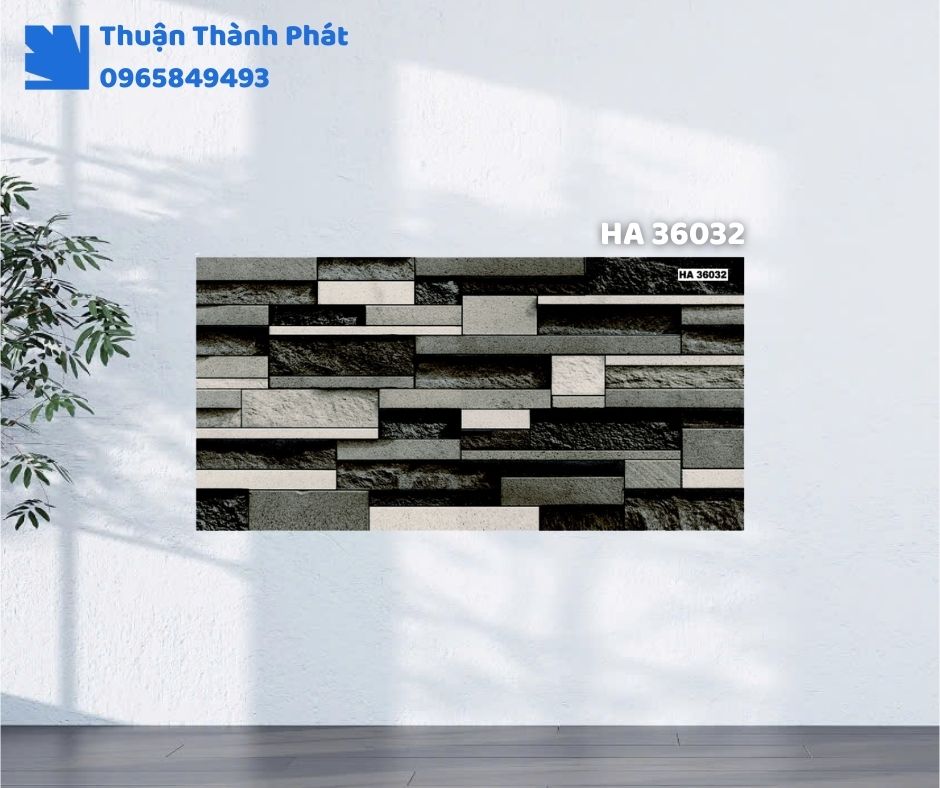 Gạch ốp tường HA 36032 Thanh Thanh ốp phòng khách, họa tiết vân đá sang trọng, tông xám nhạt tinh tế.