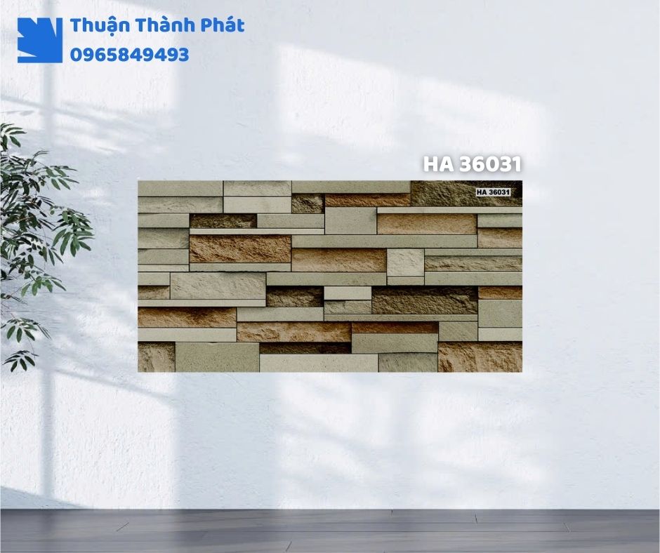 Gạch ốp tường HA 36031 Thanh Thanh ốp phòng khách, họa tiết vân đá sang trọng, tông xám nhạt tinh tế