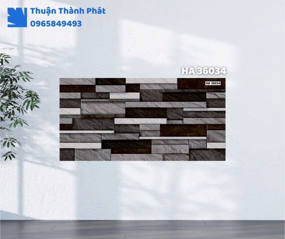 Gạch ốp tường HA 36034 Thanh Thanh ốp phòng khách, họa tiết vân đá sang trọng, tông xám nhạt tinh tế
