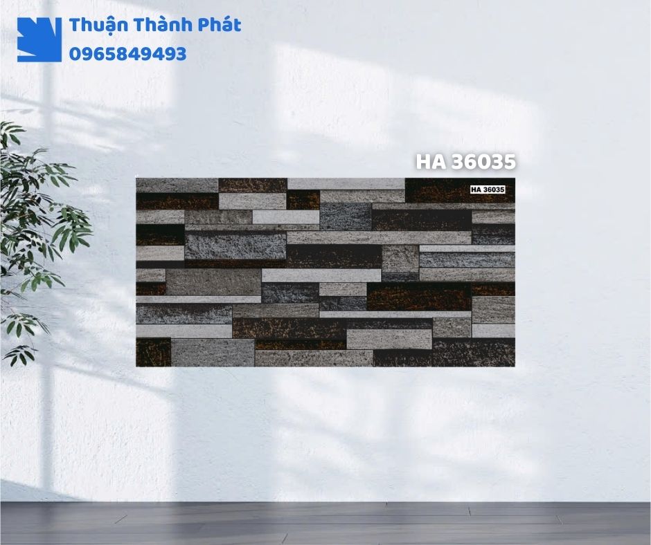 Gạch ốp tường HA 36035 Thanh Thanh ốp bếp, chống bám bẩn, tông xám nhạt dễ lau chùi.