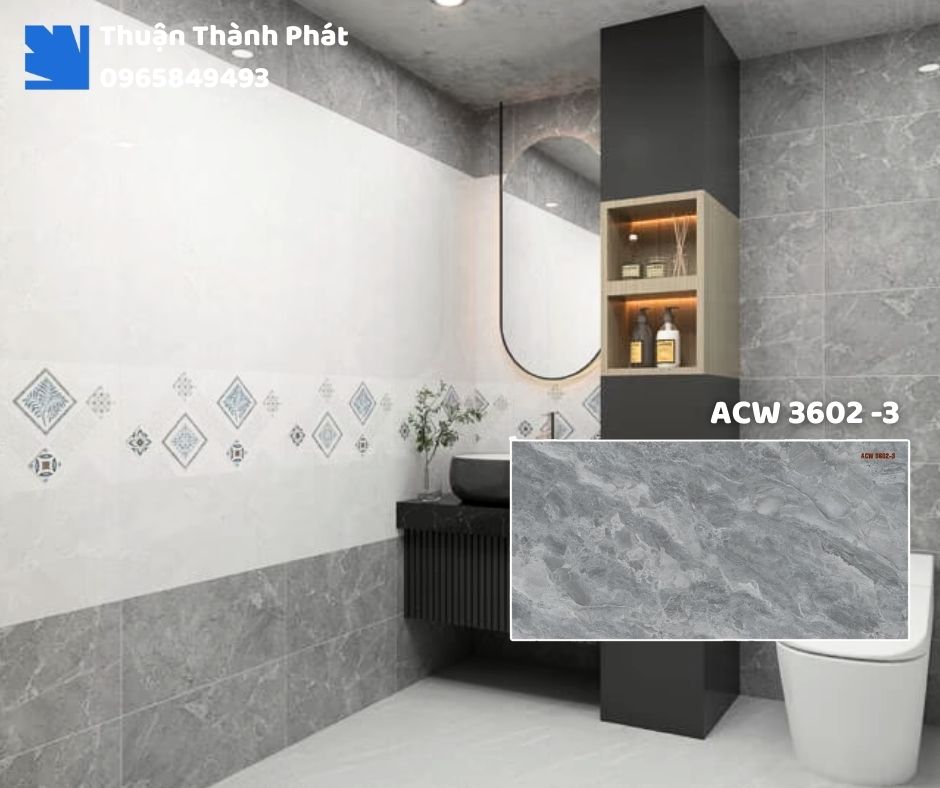 Gạch ốp tường ACW 3602-3 Thanh Thanh ốp bếp, chống bám bẩn, tông xám trung dễ lau chùi