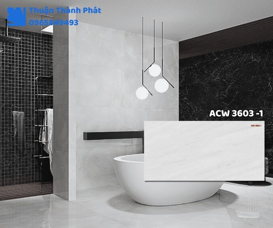 Gạch ốp tường ACW 3603-1 Thanh Thanh ốp bếp, chống bám bẩn, tông be nhạt dễ lau chùi.