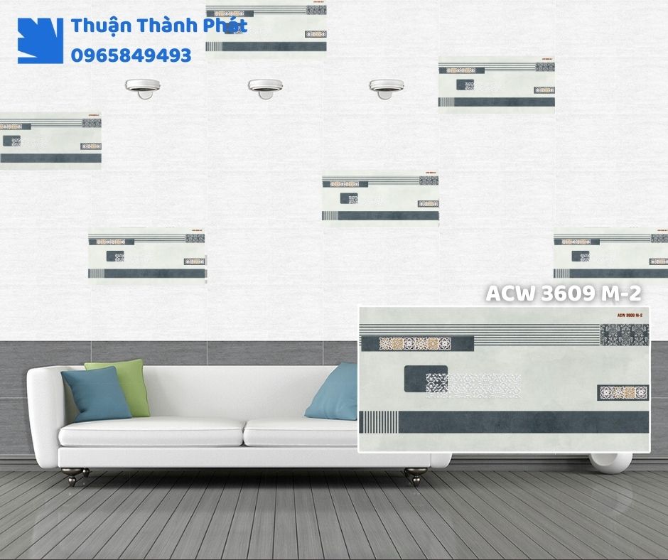 Gạch ốp tường ACW 3609M-2 Thanh Thanh ốp bếp, chống bám bẩn, tông nâu nhạt dễ lau chùi.