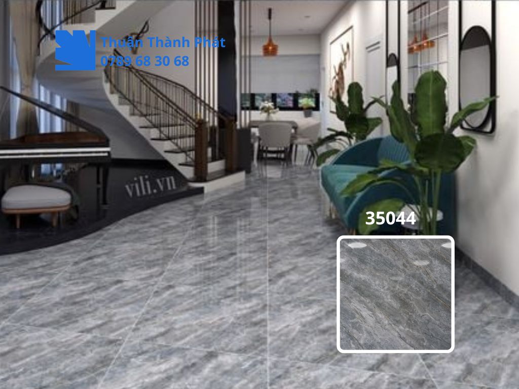 Gạch lát nền Hoàn Mỹ 35044 vân đá xám than lát phòng khách