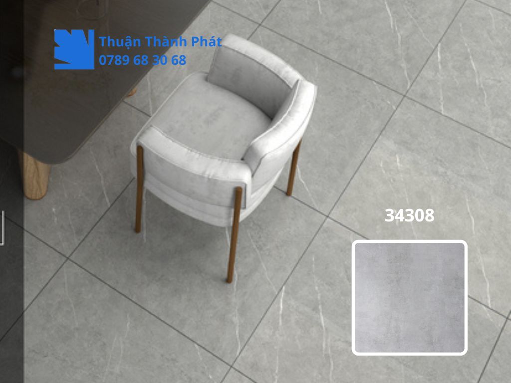 Gạch lát nền Hoàn Mỹ 34308 tông xám trung phối cảnh phòng khách