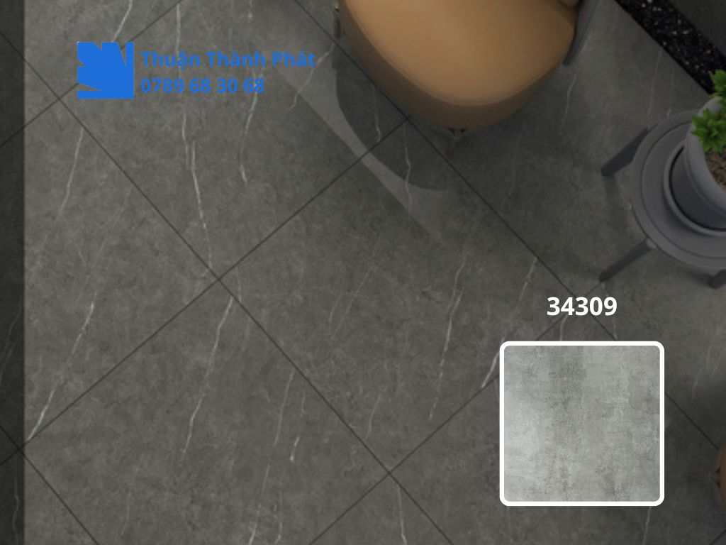 Gạch lát nền Hoàn Mỹ 34309 tông xám đậm phối cảnh phòng khách