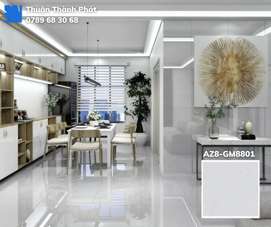 Gạch lát nền Viglacera AZ8-GM8801 trong phòng khách, vân đá xám, bề mặt mờ