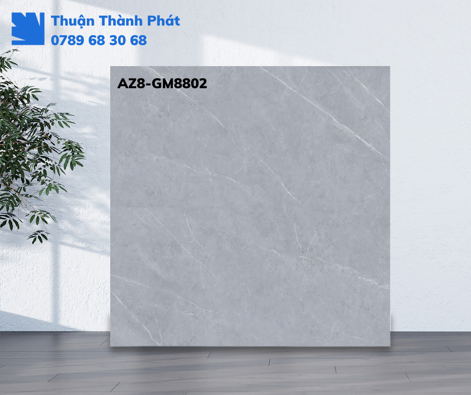 Gạch lát nền Viglacera AZ8-GM8802 trong phòng khách, vân đá xám đậm, bề mặt mờ