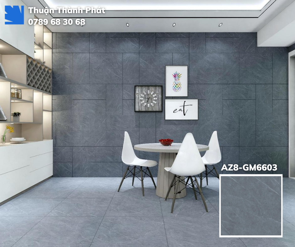 Gạch lát nền Viglacera AZ8-GM6603 trong phòng khách, vân đá xám, bề mặt mờ