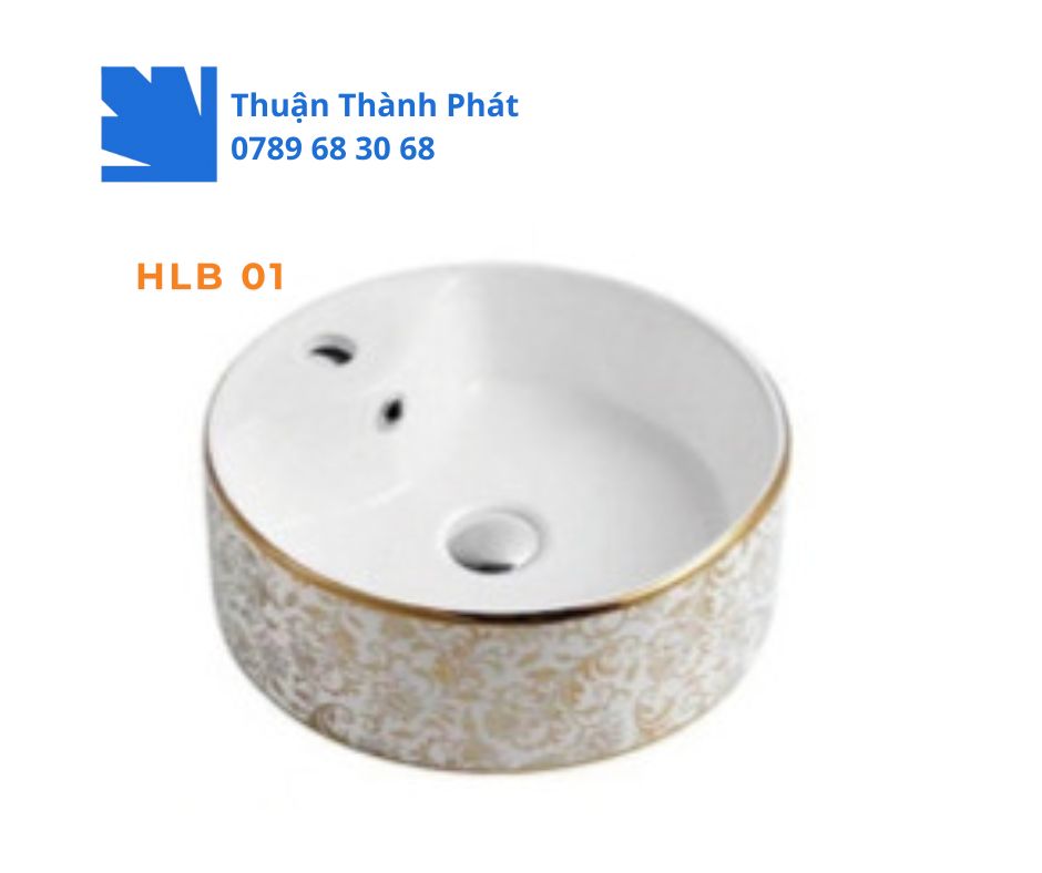 Lavabo đặt bàn Haphako HLB 01 tròn men trắng, viền vàng hoa văn nổi bật.