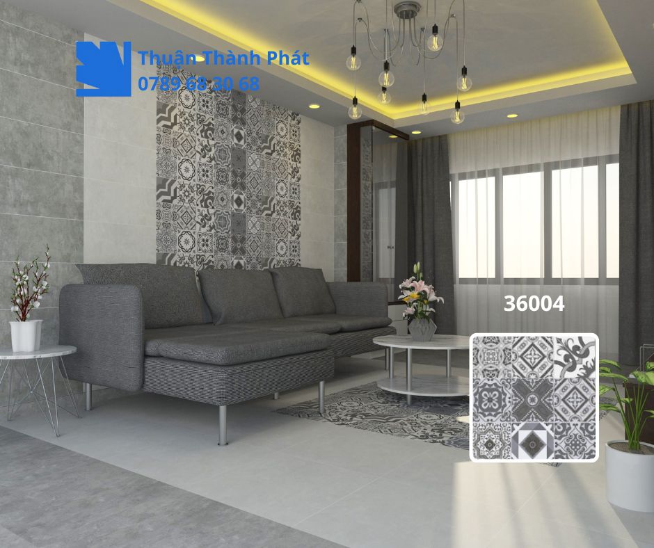 Gạch ốp lát Hoàn Mỹ 36004 họa tiết cổ điển màu trắng xám