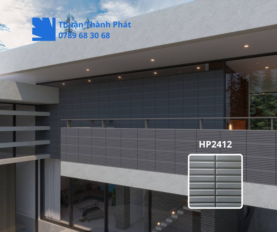 Gạch ốp lát dacera HP2412 màu xám mờ, kết hợp với các thiết bị vệ sinh màu trắng và phụ kiện kim loại