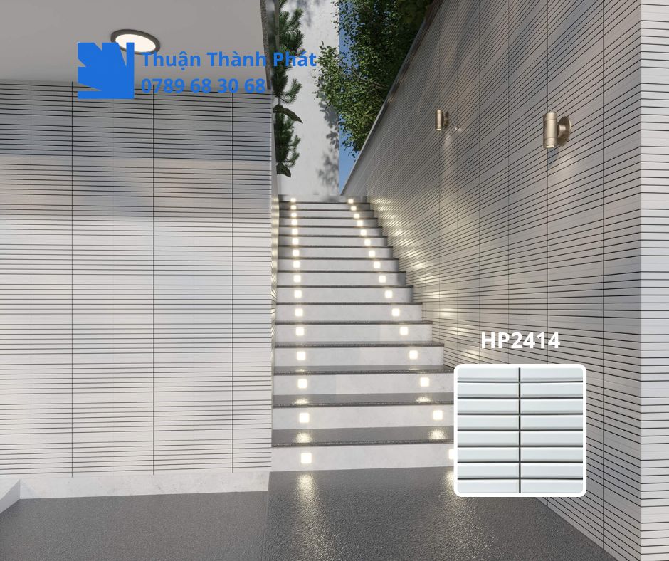 Gạch ốp lát dacera HP2414 thiết kế thẻ đứng chia đôi, màu sắc trung tính