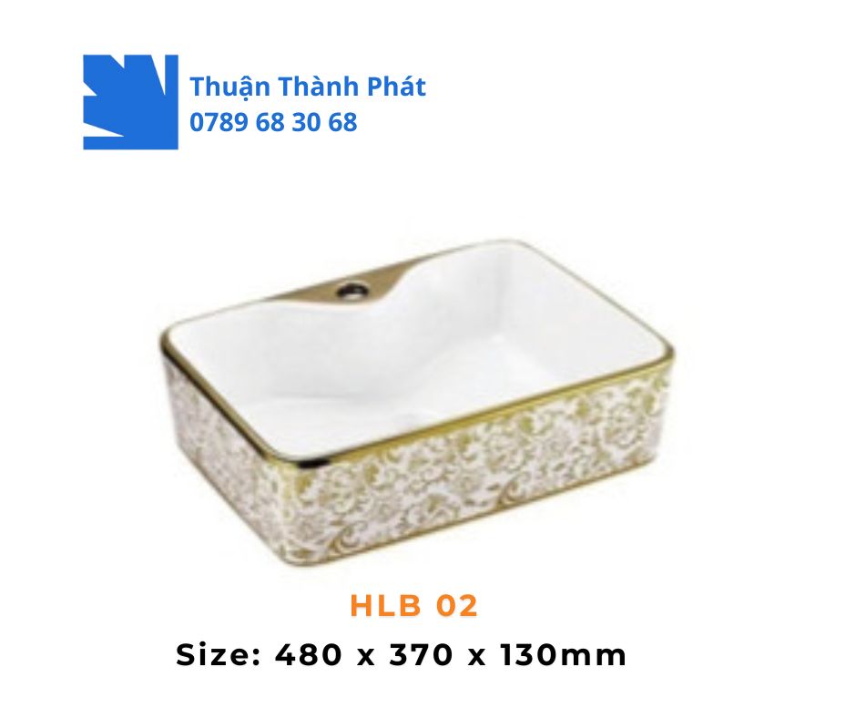 Lavabo đặt bàn Haphako HLB 02 chữ nhật men trắng viền vàng
