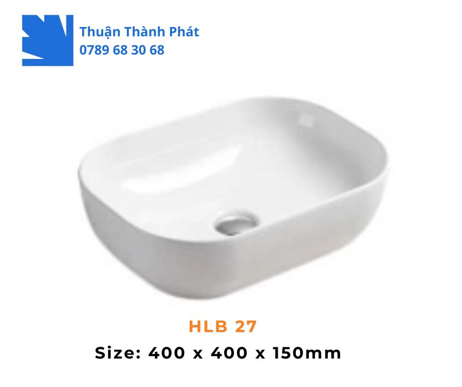 Lavabo đặt bàn Haphako HLB 27 hình chữ nhật bo tròn mềm mại, màu trắng trơn
