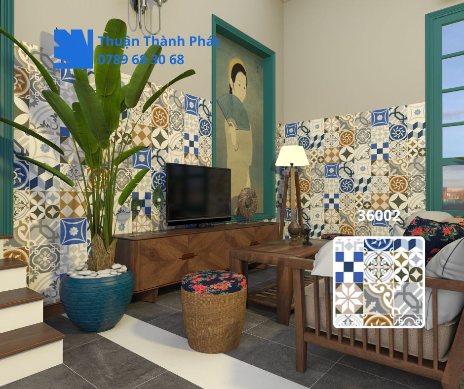 Gạch ốp lát Hoàn Mỹ 36002 với họa tiết mosaic đa màu