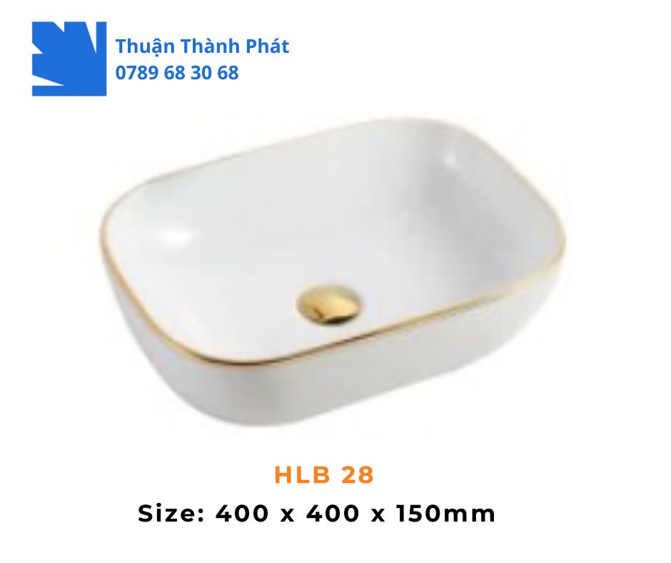 Lavabo đặt bàn Haphako HLB 28 màu trắng viền vàng với nút xả vàng kim sang trọng