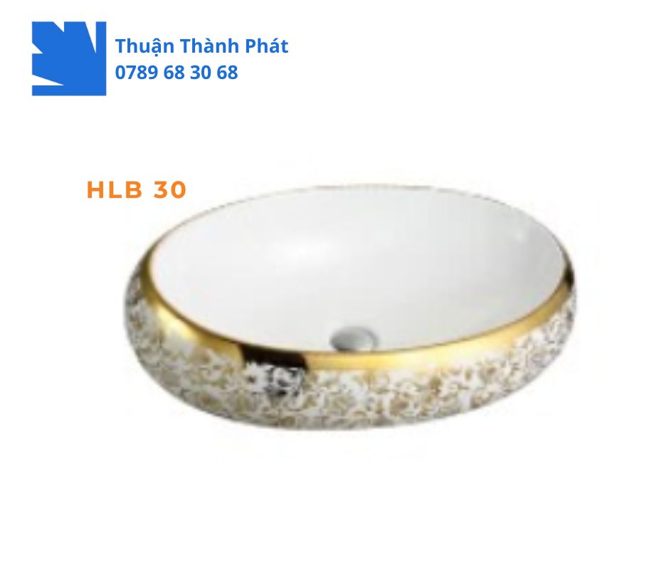 Lavabo đặt bàn Haphako HLB 30 lòng trắng và thân ngoài mạ vàng họa tiết cổ điển.