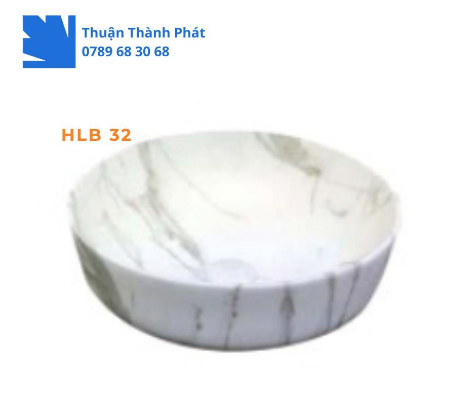 Lavabo đặt bàn Haphako HLB 32 màu trắng với họa tiết vân đá Marble xám đen