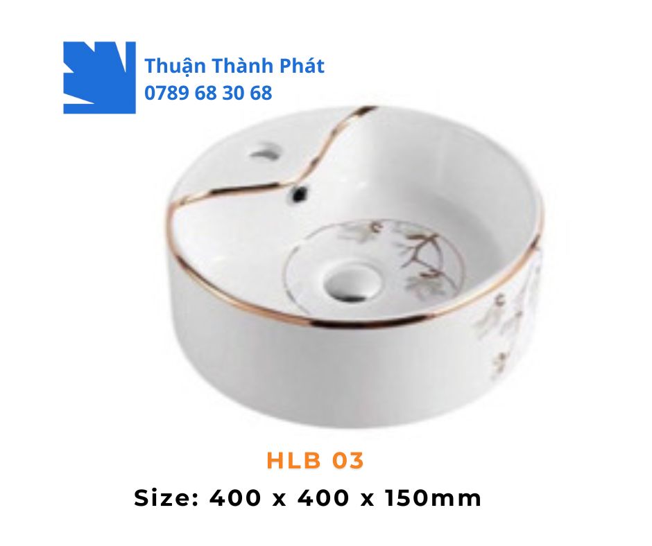 Lavabo đặt bàn Haphako HLB 03 tròn men trắng hoa vàng