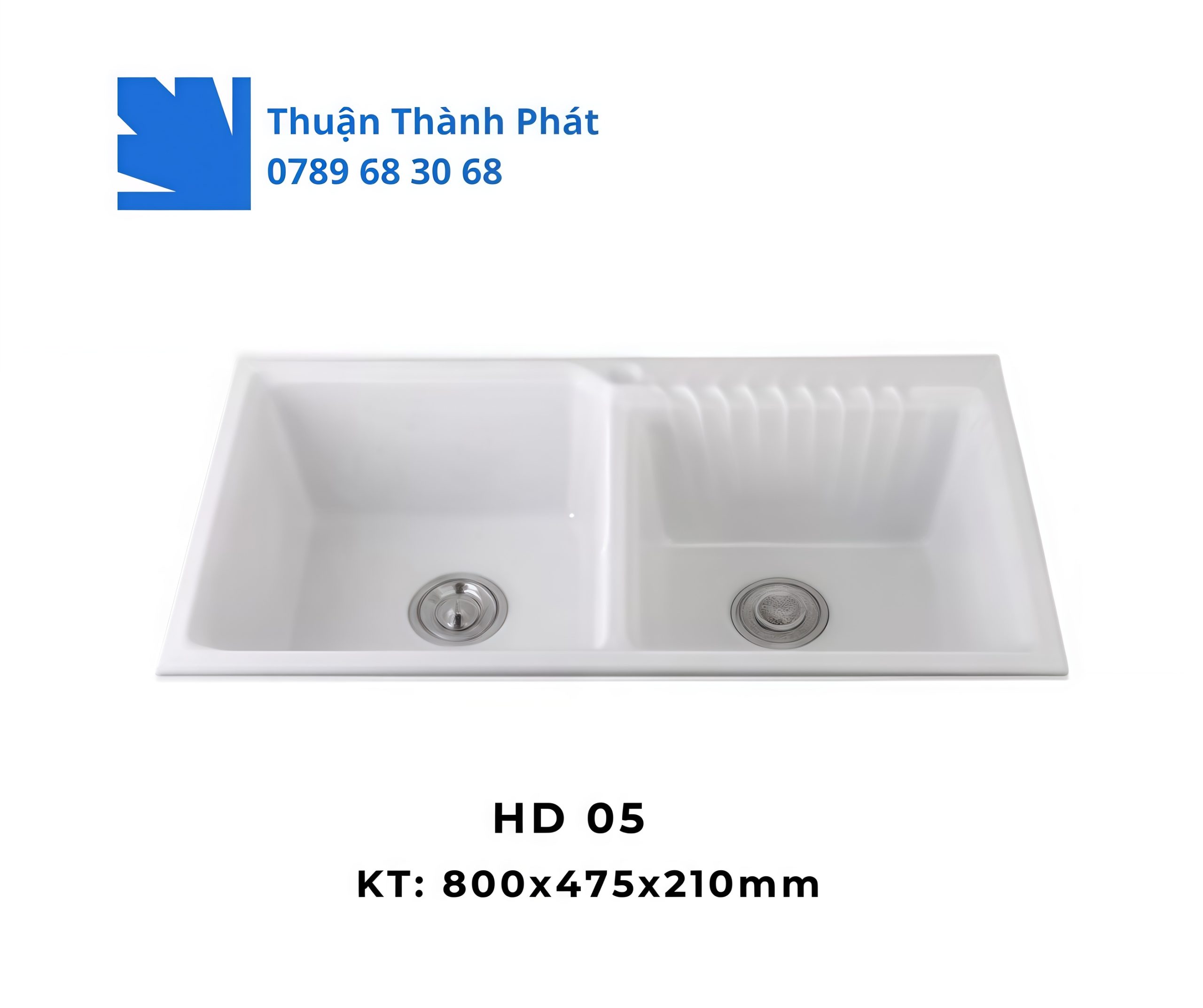 Chậu đá HD 05 hai hộc rửa màu trắng, thiết kế gờ thoát nước tiện lợi