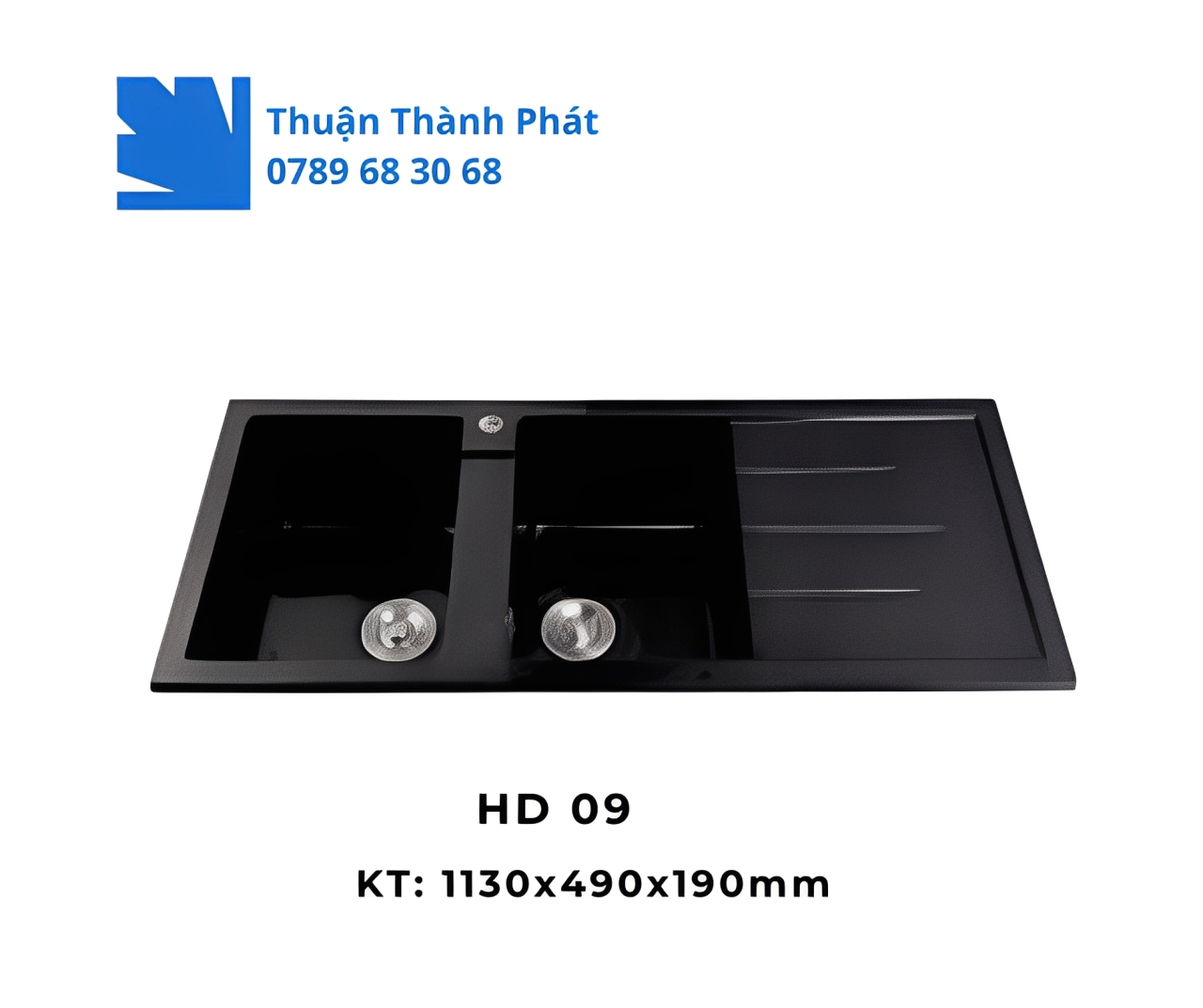 Chậu Đá HD 09 màu đen hai hộc kèm bàn thoát nước