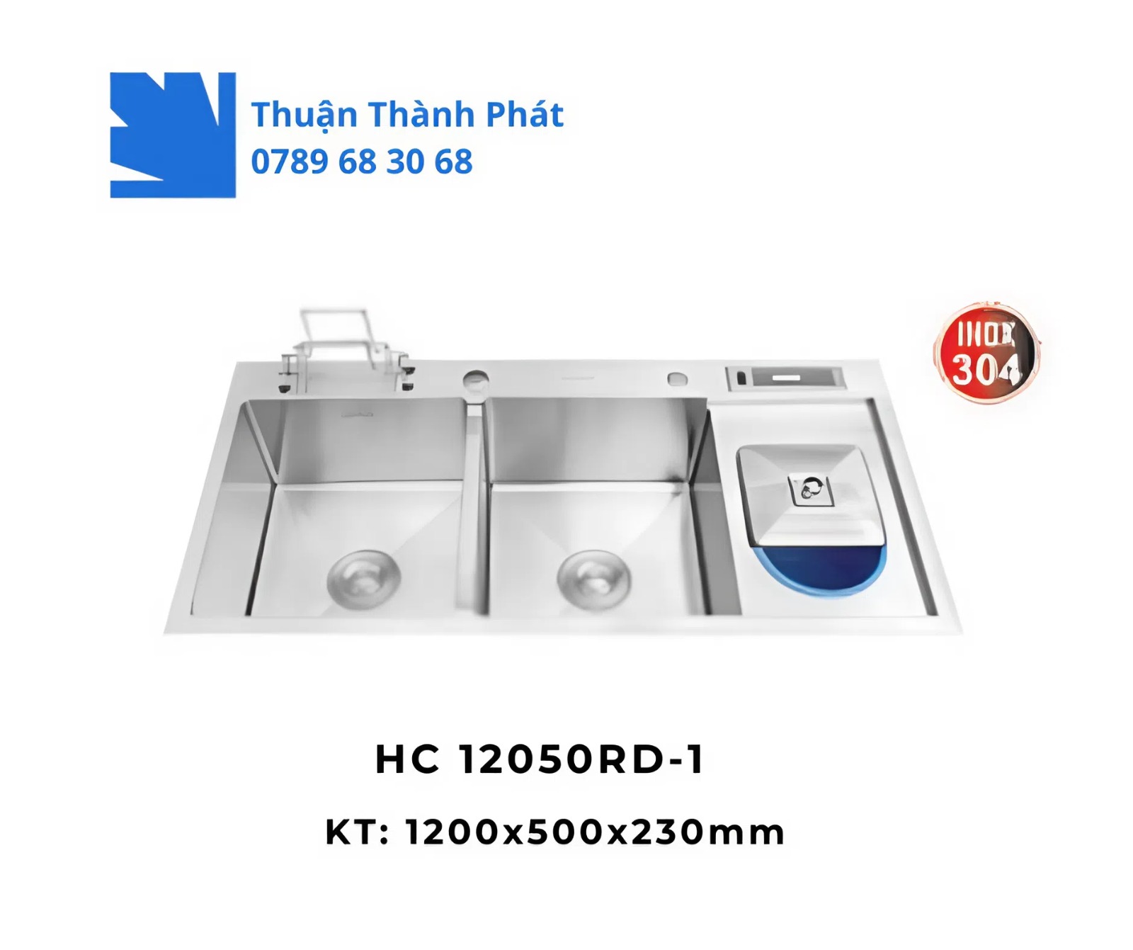 Chậu rửa chén inox HC 12050RD-1 bằng inox 304 cao cấp, thiết kế 2 hộc 1 khay tiện lợi.