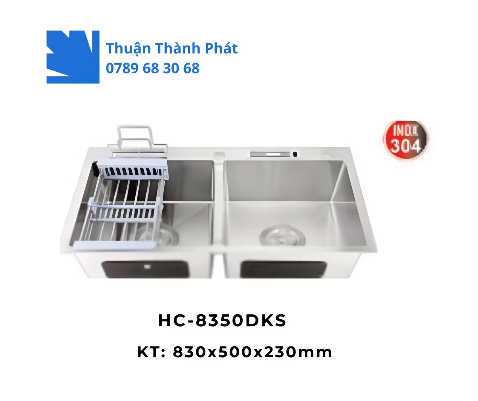 Chậu rửa chén inox HC-8350DKS bằng inox 304 cao cấp, 2 hộc rửa, giá úp chén tiện lợi